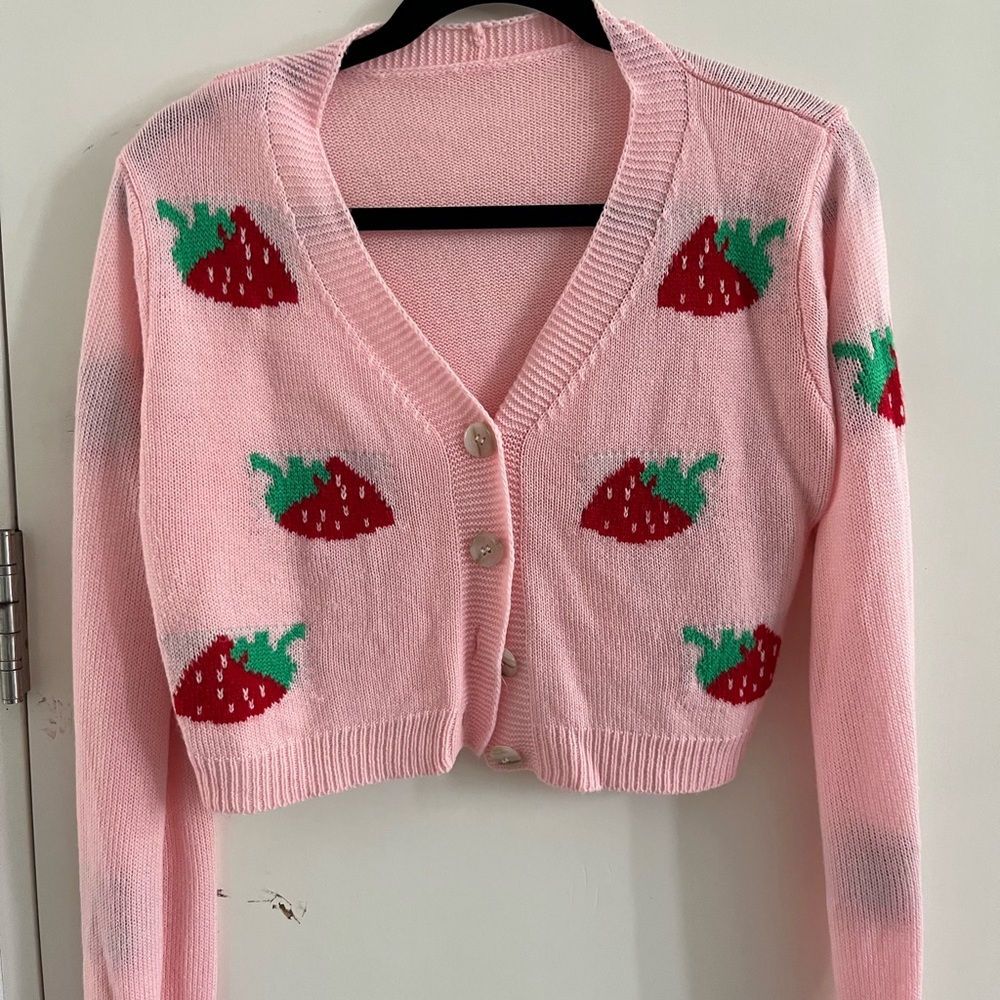 Pink Strawberry Knit Cropped Cardigan Sweater